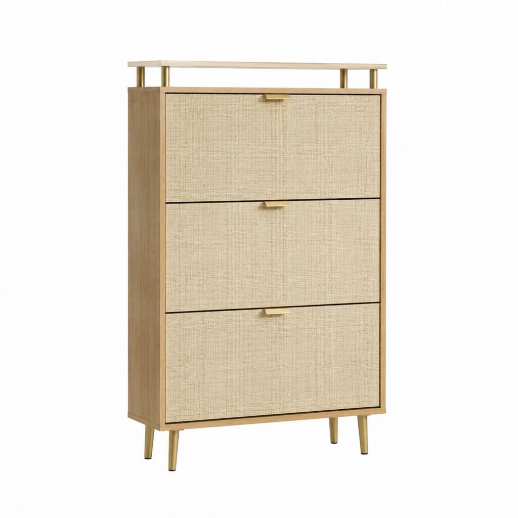 Schuhschrank mit 3 Klappen Natur MDF und PP-Geflecht 60 x 24 x 120 cm