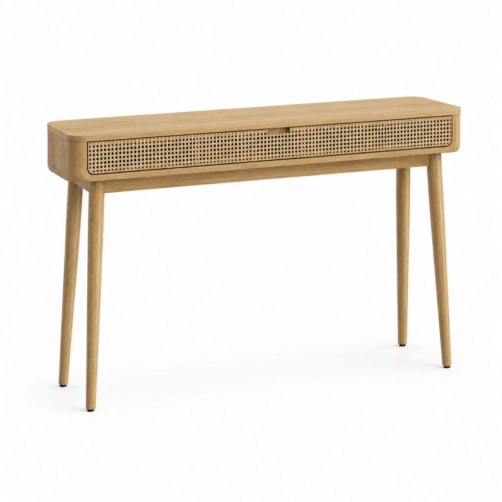 Konsolentisch mit Schublade Natur MDF Eichenfurnier Rattan rechteckig 110 x 40 x 80 cm