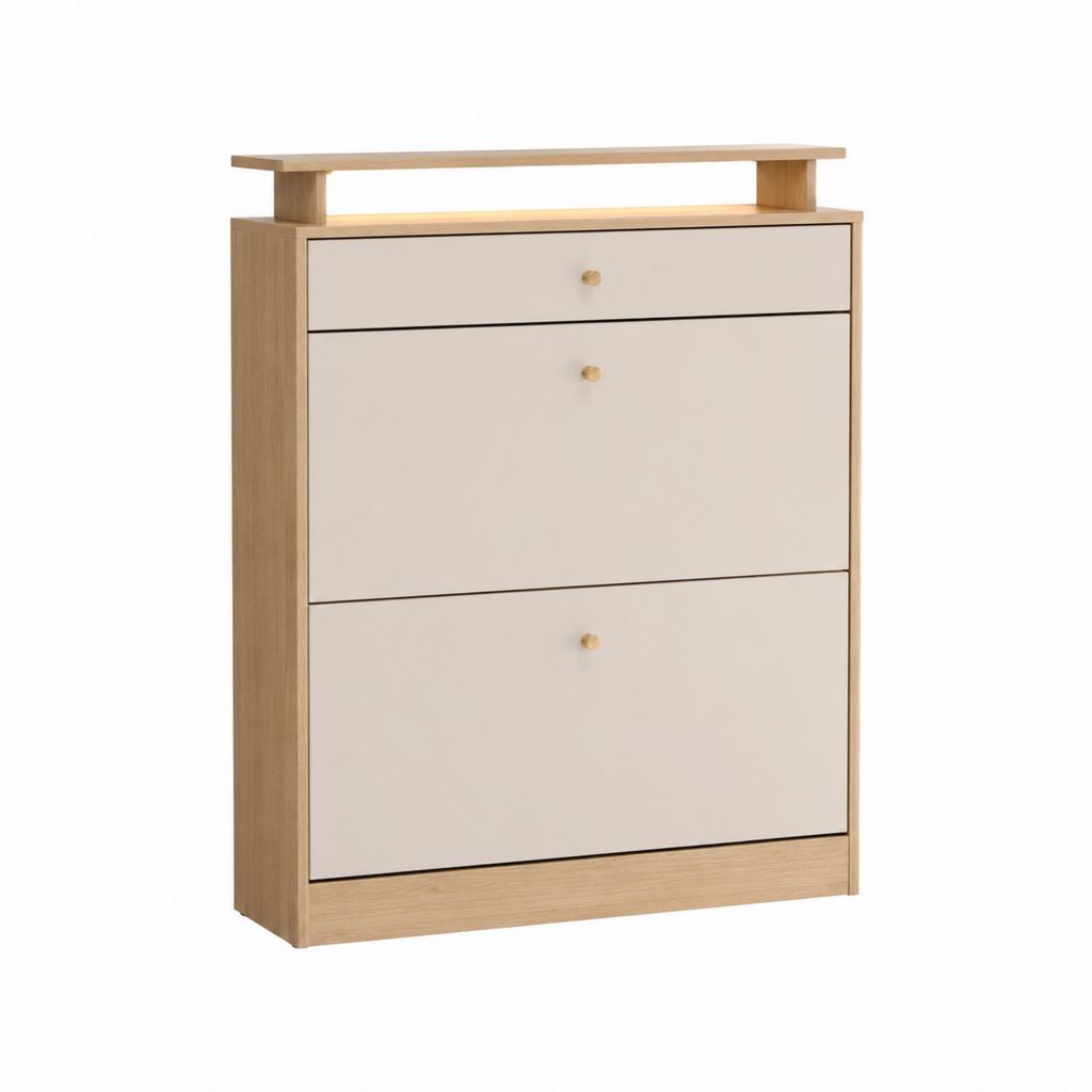 Schuhschrank mit 3 Klappen in Eiche und Creme aus Spanplatte 80 x 24 x 100 cm