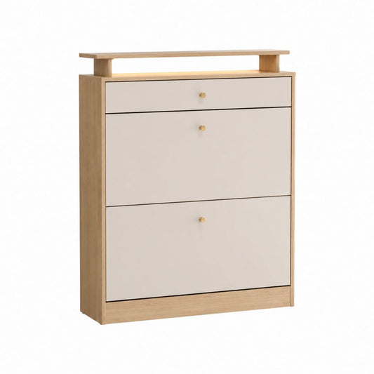 Schuhschrank mit 3 Klappen in Eiche und Creme aus Spanplatte 80 x 24 x 100 cm