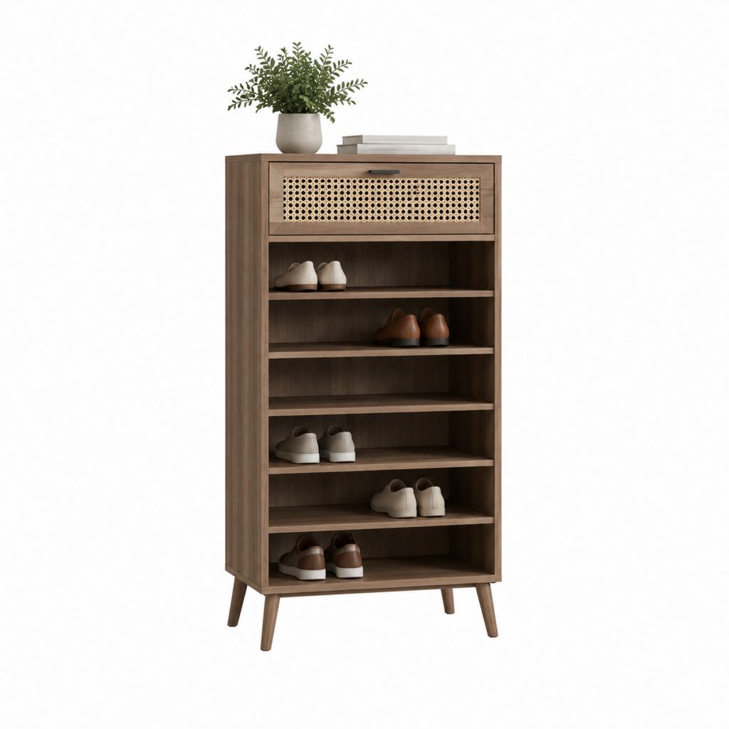 Schuhschrank Walnussbraun aus MDF mit PE-Rattangeflecht 80 x 35 x 150 cm