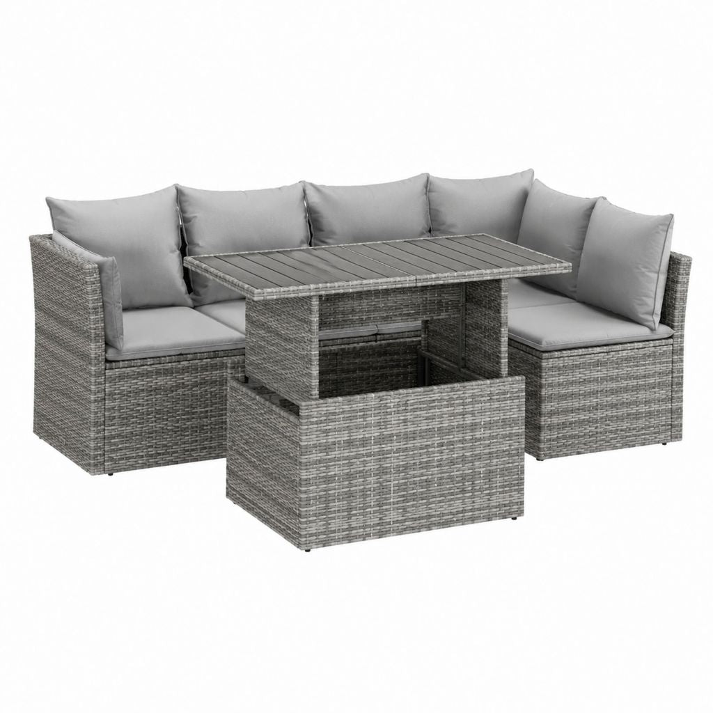 Gartenlounge Essgruppe 3-teilig Grau PE-Rattan L-förmiges Ecksofa mit Esstisch 190 x 130 x 86 cm