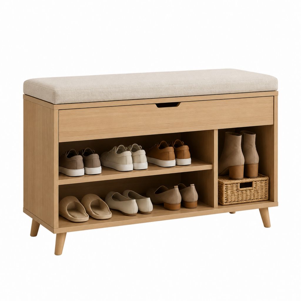 Schuhbank mit Schublade und Sitzkissen Naturbambus Beige rechteckig 100 x 35 x 50 cm