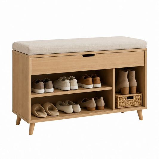 Schuhbank mit Schublade und Sitzkissen Naturbambus Beige rechteckig 100 x 35 x 50 cm