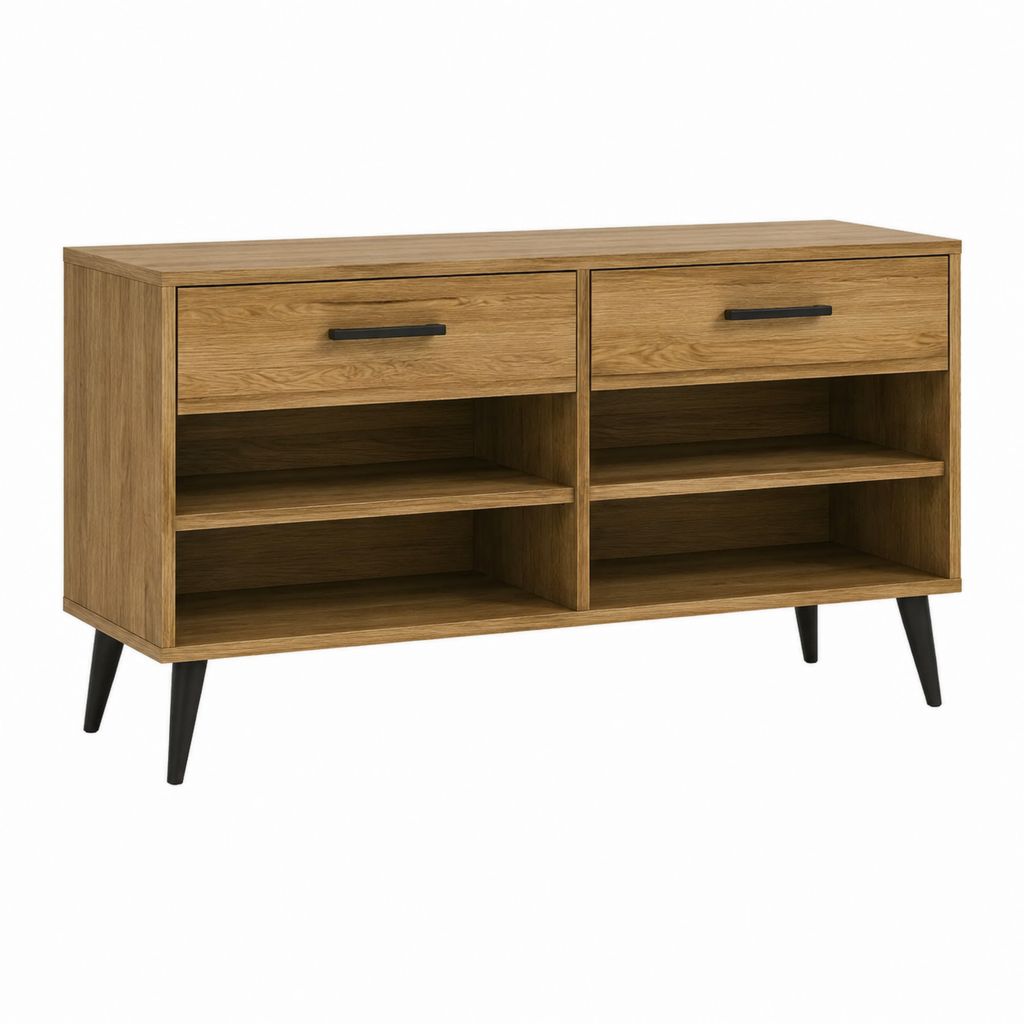 Schuhschrank Eichenoptik Spanplatte rechteckig mit 2 Schubladen und 4 Fächern 120 x 40 x 75 cm